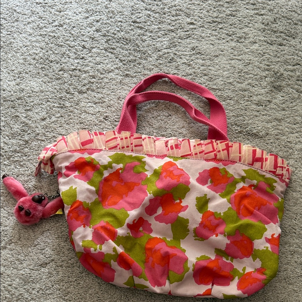 Kipling Pink and Green Floral Mini Tote with Monkey Charm